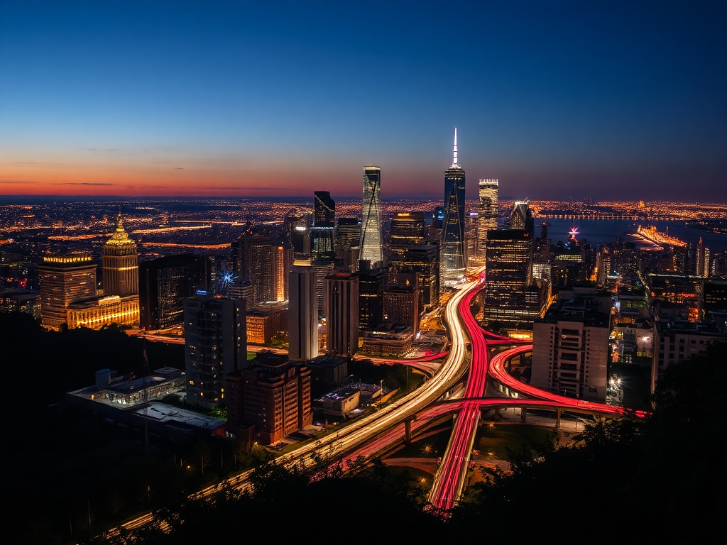 city skyline illuminated at night with long exposure trails