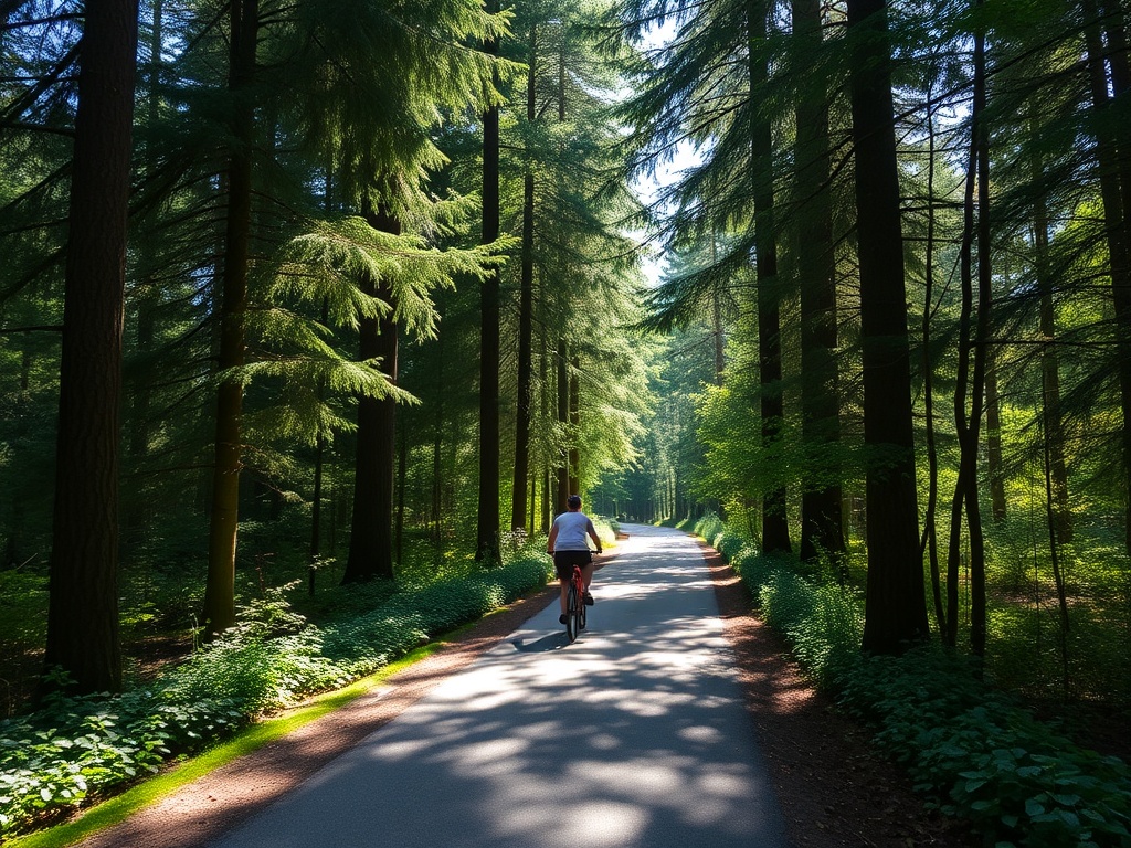 Lynn Valley Trail cycling through trees with sunlight and quiet nature in Norfolk County