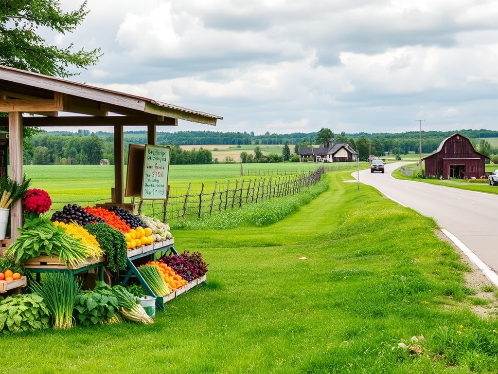 Norfolk County roadside farm stand with fresh produce and rural Ontario landscape