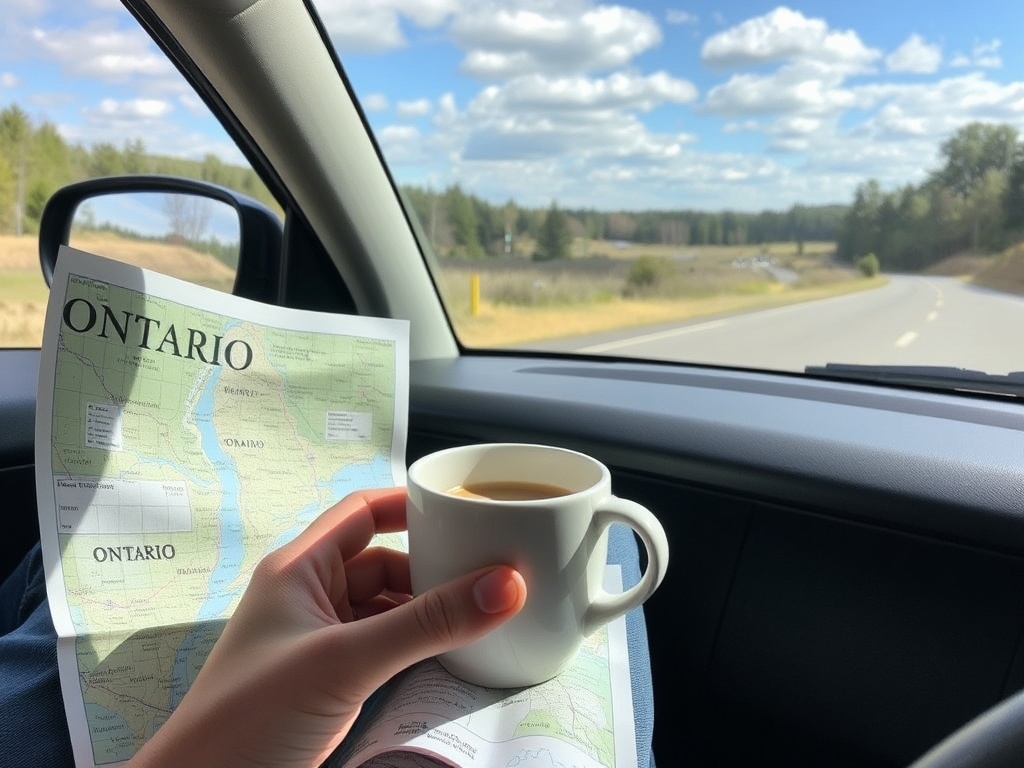 Ontario weekend essentials with coffee, map, and relaxed road trip vibe