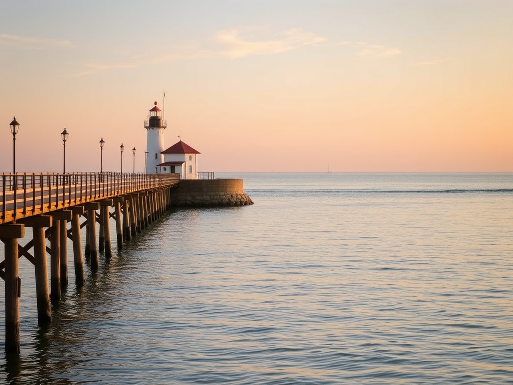 Port Dover pier and lighthouse with calm Lake Erie waters, small-town Ontario charm