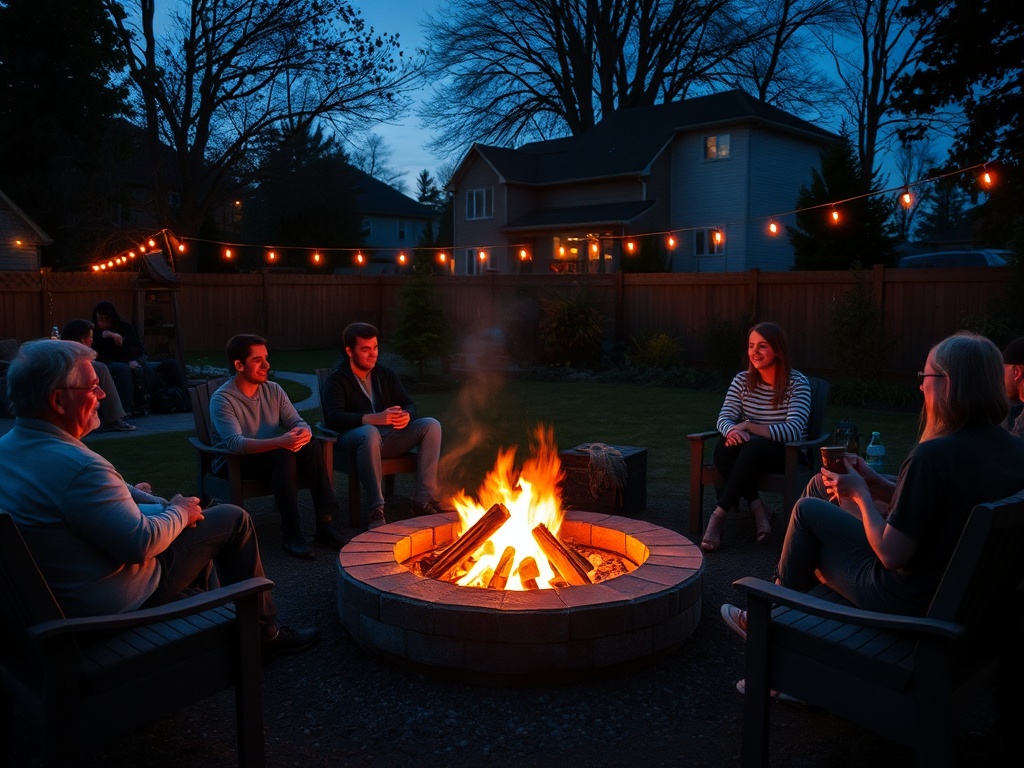 backyard fire pit at night with friends sitting around, warm glow, casual relaxed atmosphere in Ontario