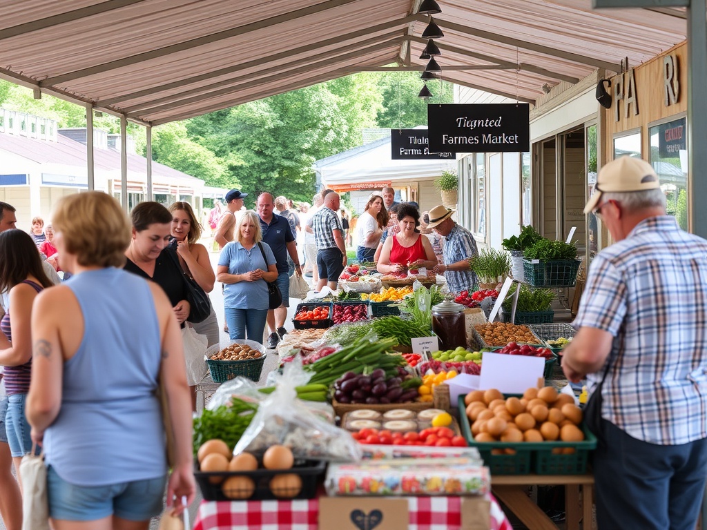 busy small town farmers market with local vendors, fresh produce, baked goods, friendly conversations, Ontario summer vibe
