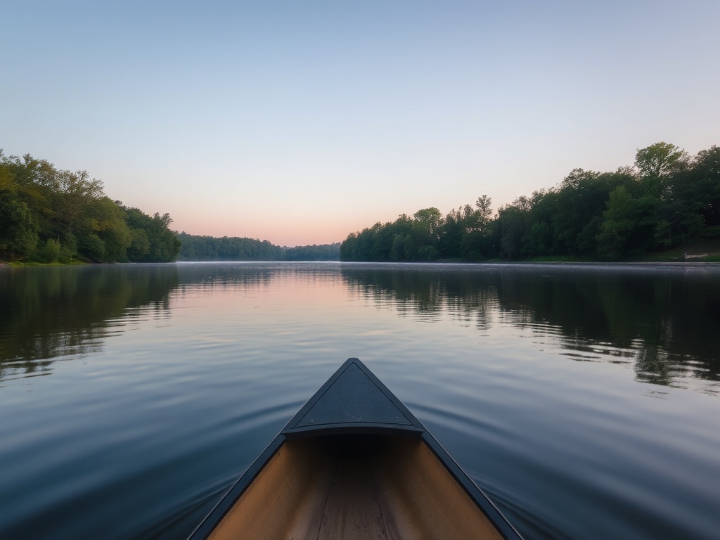 calm Rideau River with canoe drifting peacefully, reflections of trees, soft evening light in Ontario