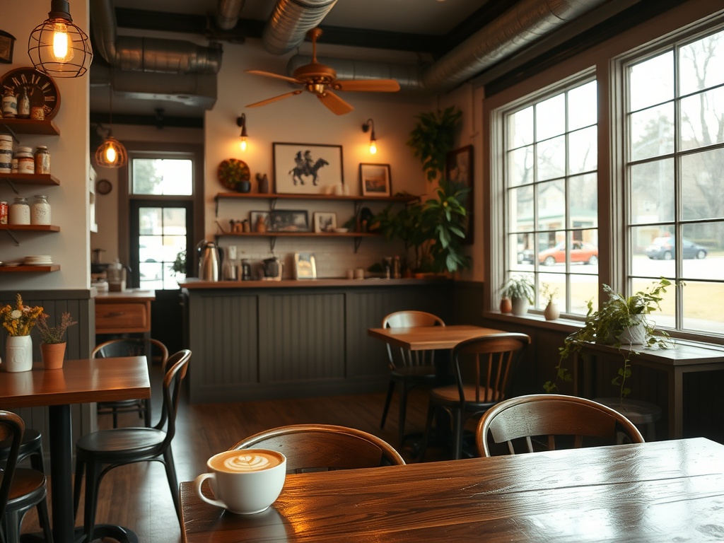 cozy small town cafe interior with latte art, warm lighting, wooden tables, relaxed weekend vibe