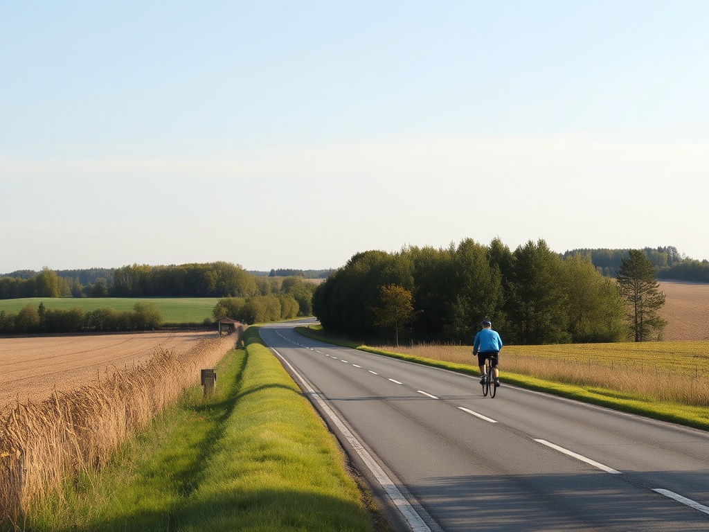 cyclist riding along quiet rural road surrounded by fields and trees in Ontario countryside