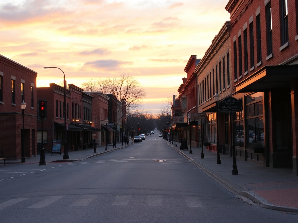 historic small town street at sunset, warm light on brick buildings, quiet peaceful evening in Ontario