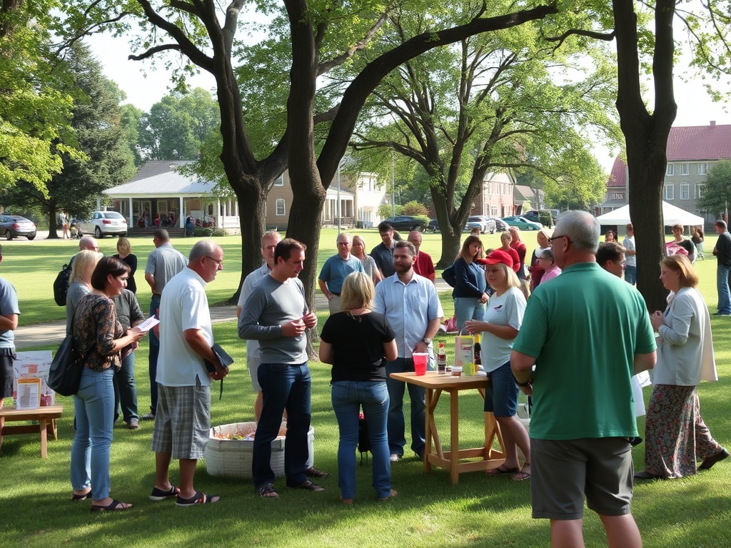 small community event in a park with local people chatting, casual setup, relaxed small town vibe