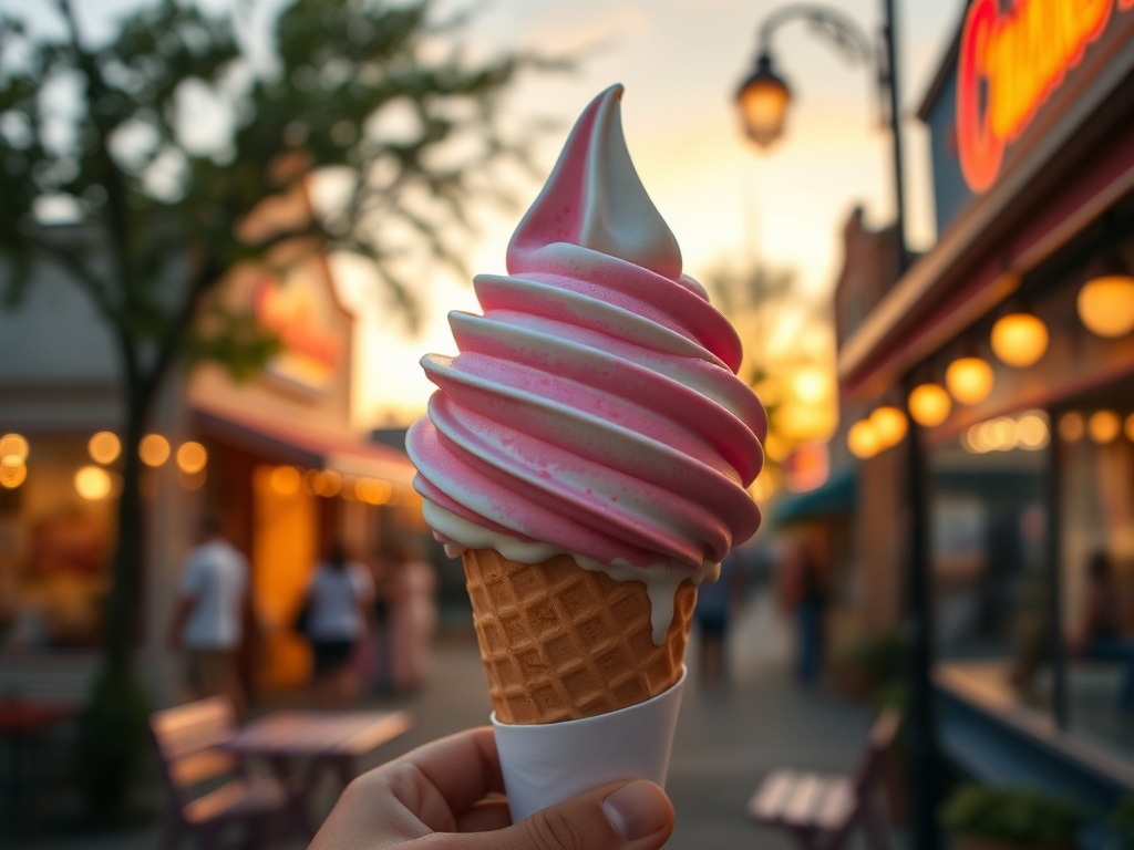 soft serve ice cream cone in summer evening light, small town setting, relaxed and nostalgic mood