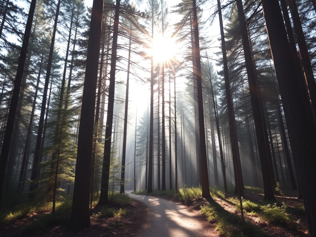 sunlight filtering through tall pine trees on a quiet forest trail in Ontario, peaceful morning atmosphere