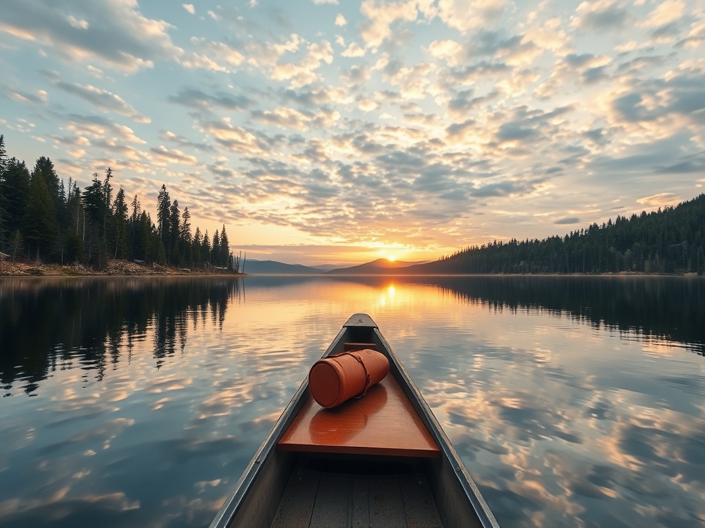 canoe on calm northern lake surrounded by wilderness and wide sky at golden hour