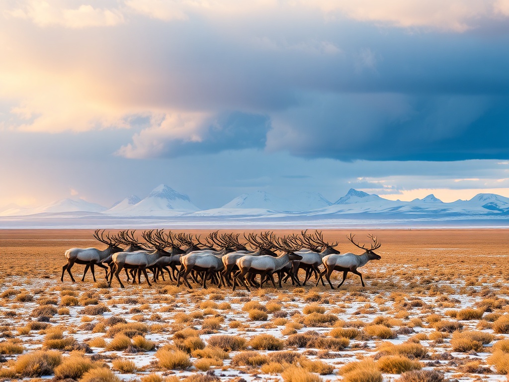 caribou herd crossing open tundra landscape with dramatic sky