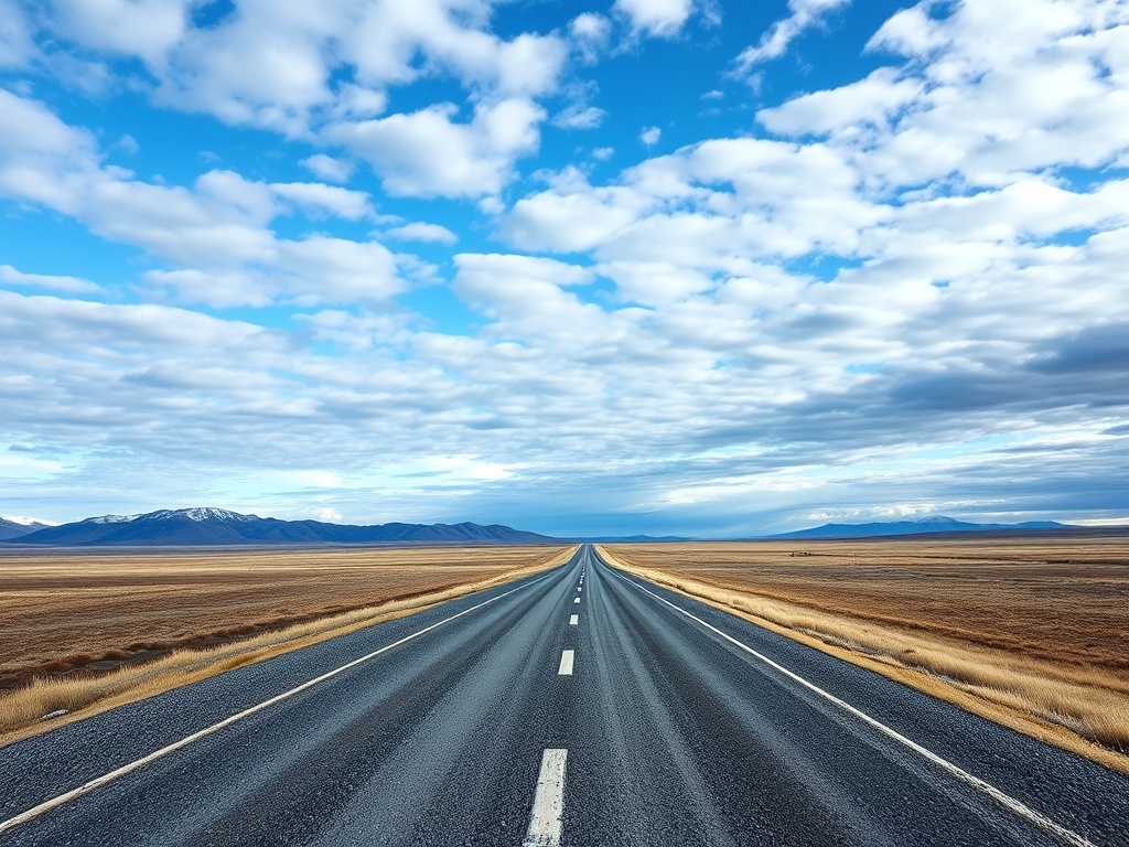 long remote gravel highway across tundra under expansive sky