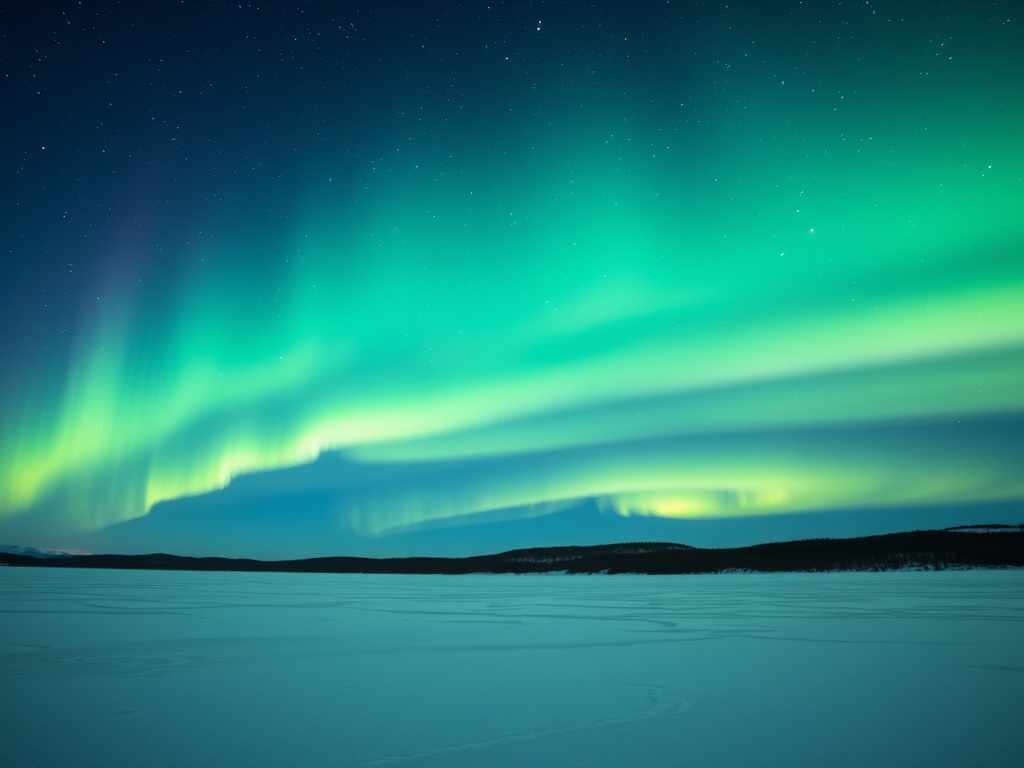 northern lights over frozen lake in Northwest Territories with clear starry sky