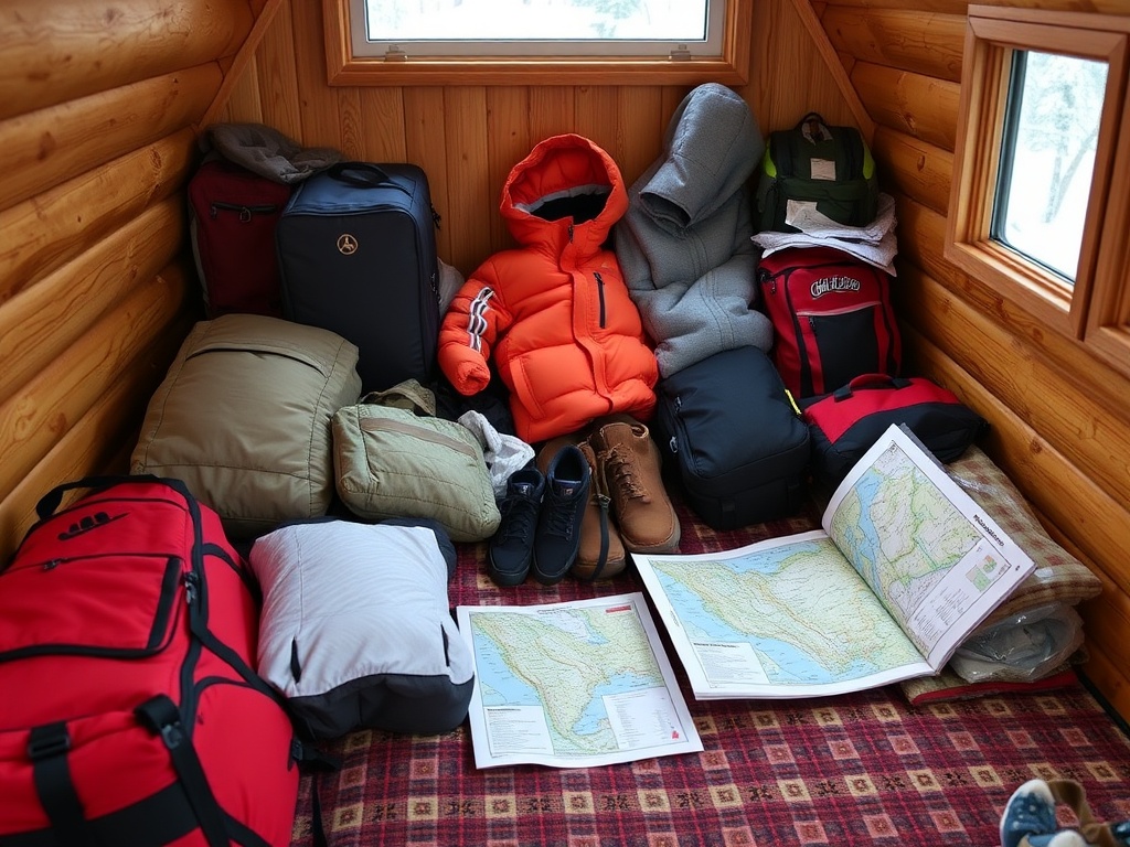 packing gear for northern travel with warm clothing and maps inside cabin