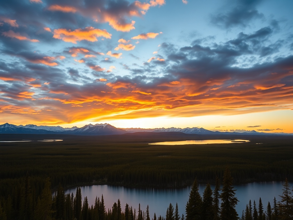 vast Northwest Territories wilderness with lakes forest and dramatic northern sky at sunset