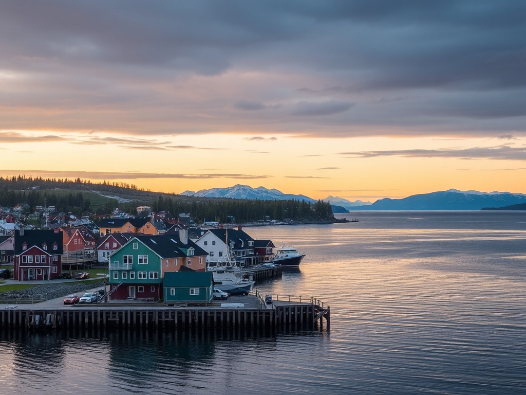 Yellowknife waterfront with colorful houses and Great Slave Lake under soft evening light
