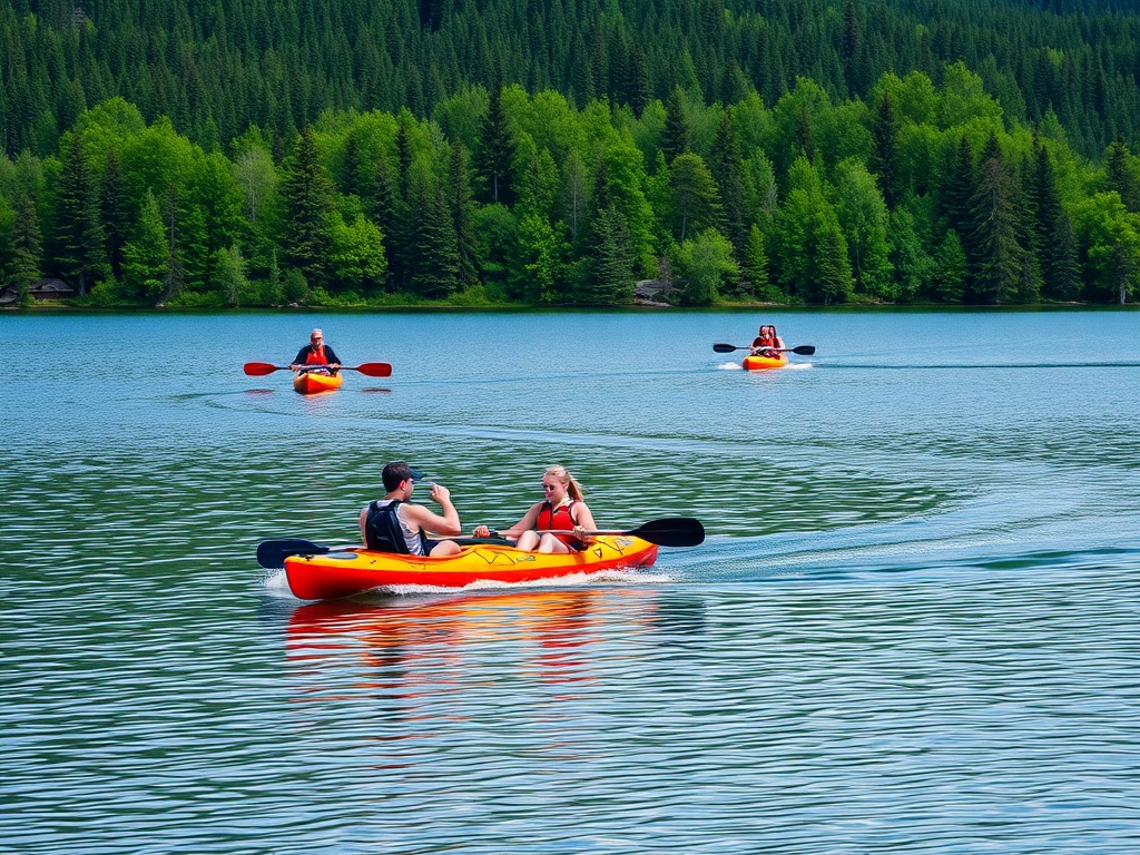 action shot of people kayaking on a tranquil lake surrounded by lush green forests