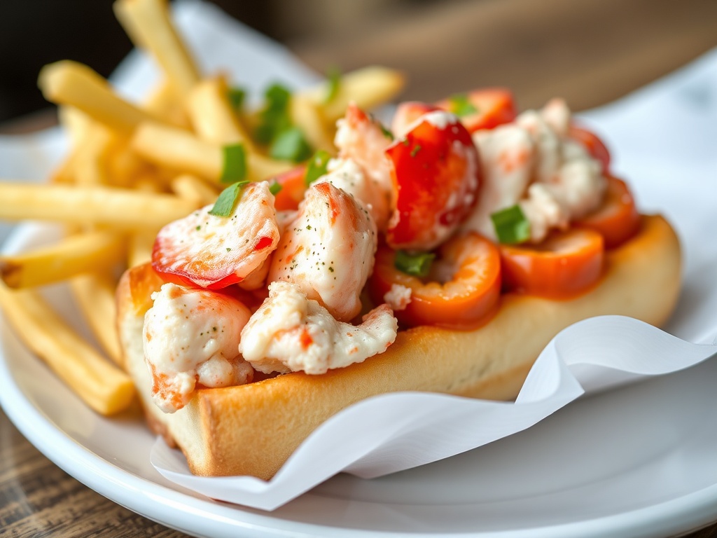 close-up of a delicious Nova Scotia lobster roll served with fries