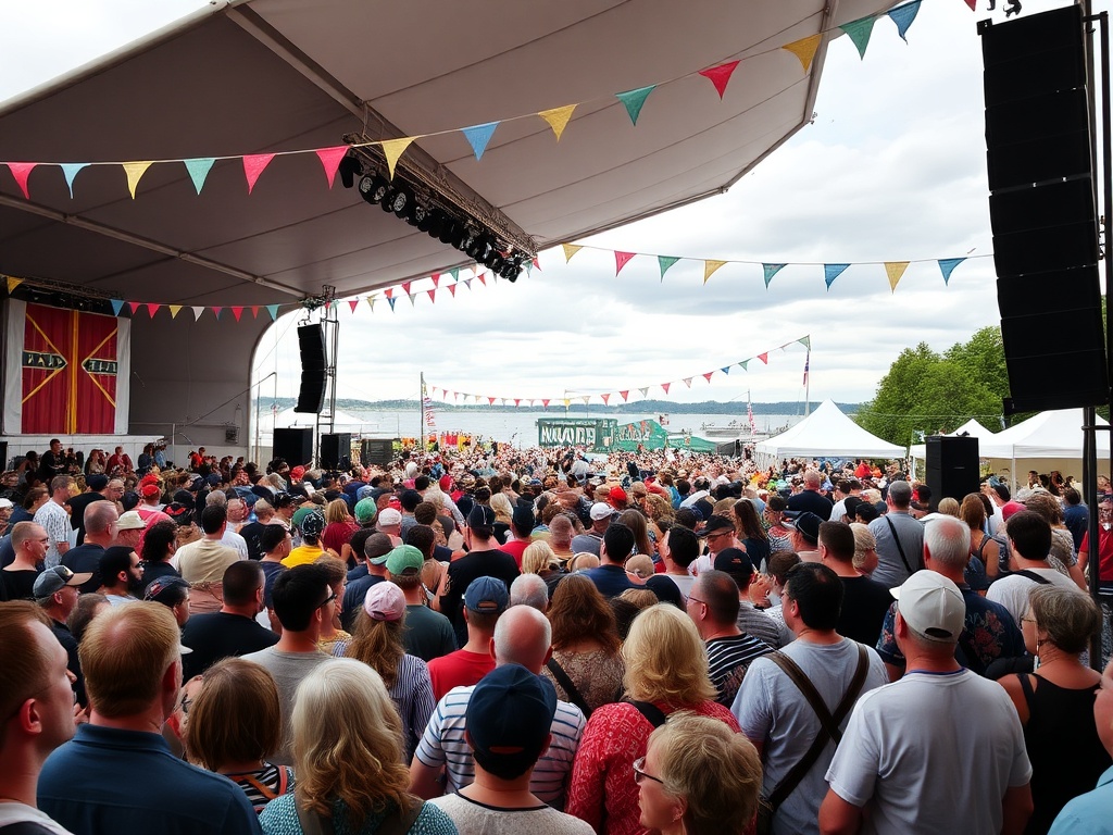 crowds at a Nova Scotia folk festival with musicians performing on stage