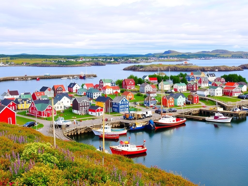 vibrant, scenic view of Nova Scotia's coastal landscape with fishing boats and colorful buildings