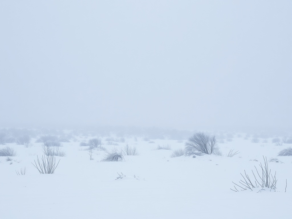 arctic blizzard blowing snow across tundra, low visibility, harsh cold conditions