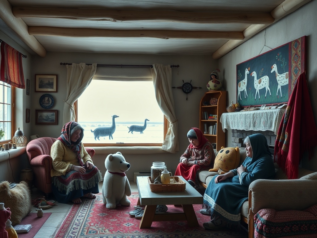 Inuit art, clothing, and daily life scenes in a northern home