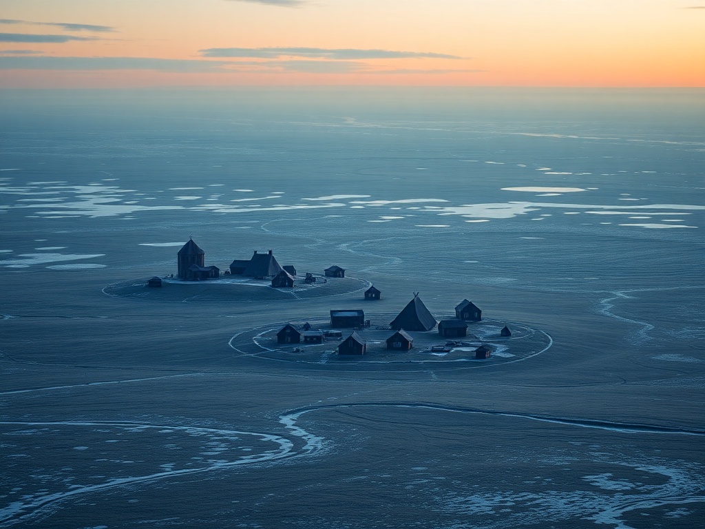 isolated arctic community surrounded by vast tundra, no roads, remote feeling