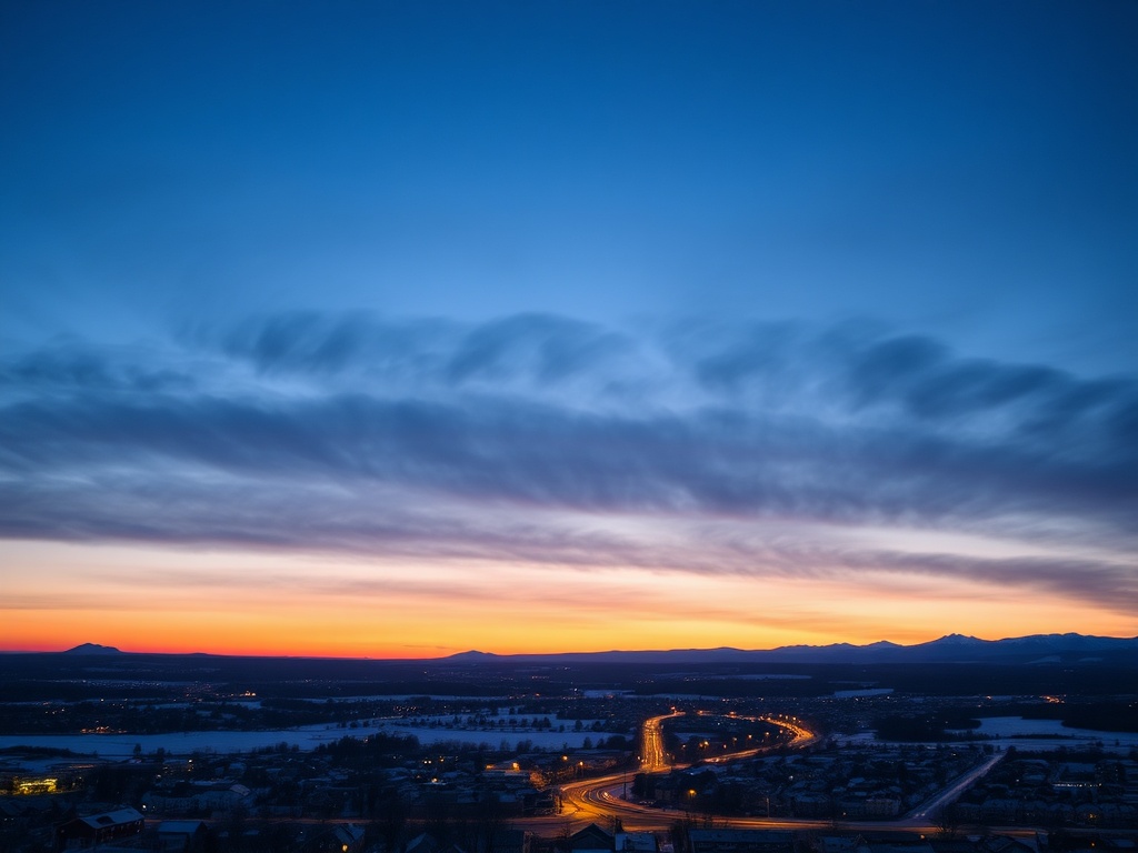 long arctic twilight sky over snow covered town, slow passage of time