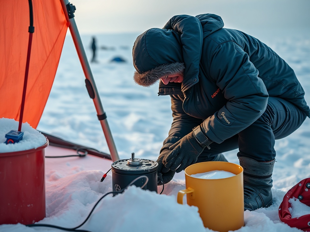 person repairing equipment outdoors in cold arctic environment, practical skills