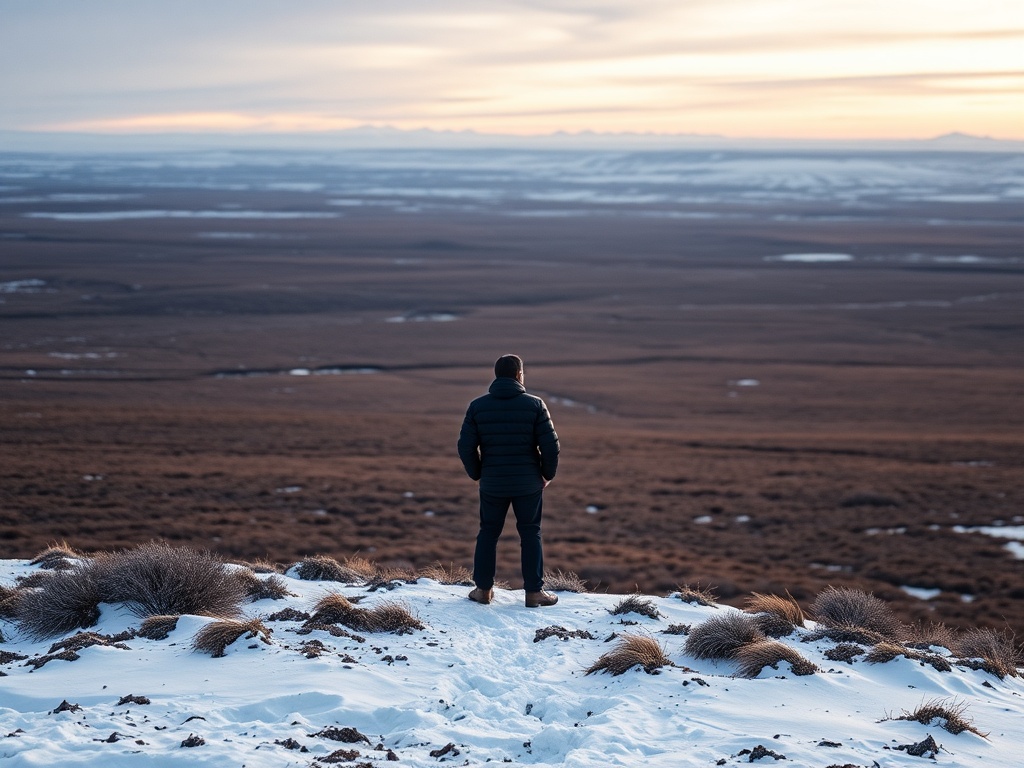 person standing on arctic tundra looking toward horizon, harsh but beautiful landscape
