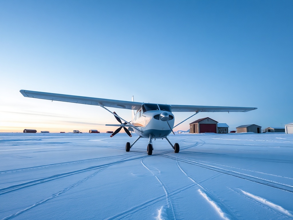 small aircraft on snowy runway in remote arctic community