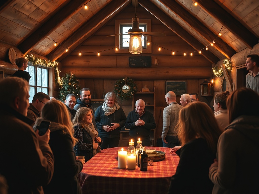 small northern community gathering indoors, warm lighting, people interacting closely