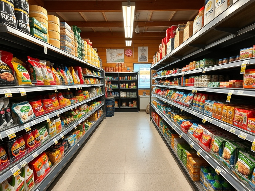 small northern grocery store shelves with high prices, remote community setting