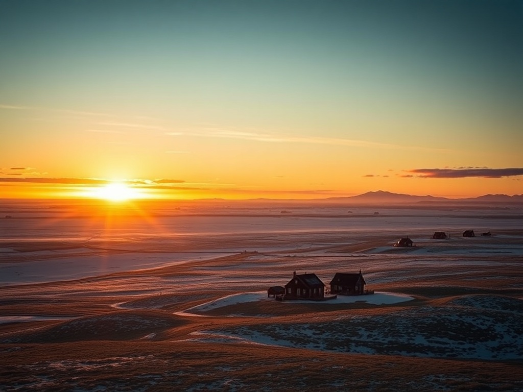 dramatic Arctic tundra under golden sunset with small remote community houses, cinematic lighting