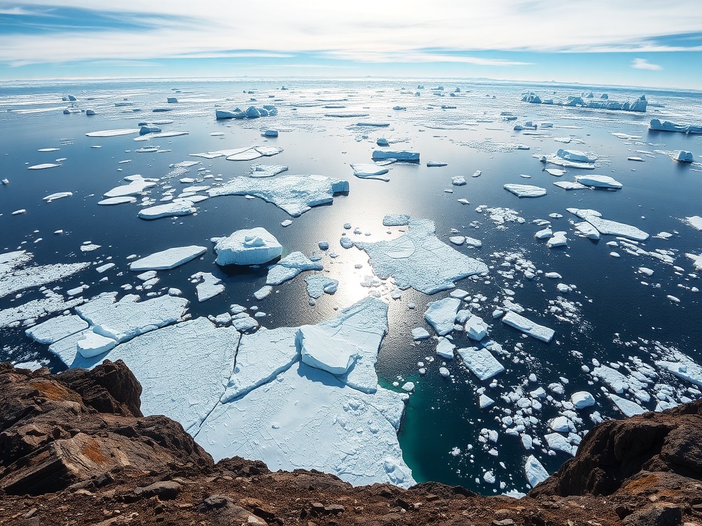 expansive Arctic coastline with ice formations and bright sky, dramatic natural beauty