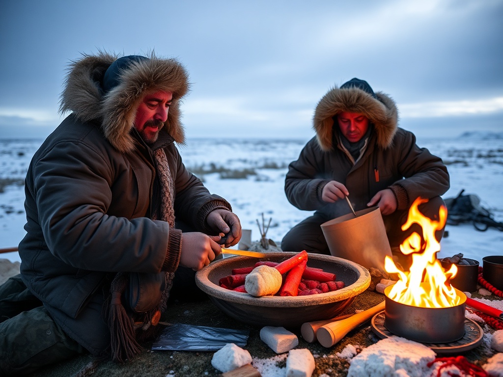 Inuit hunters preparing traditional food outdoors in Arctic setting, authentic cultural scene
