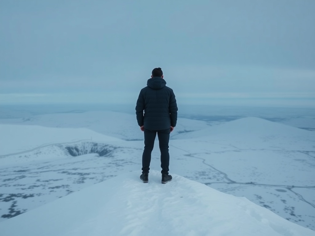 person standing alone on Arctic ridge overlooking vast snowy landscape, contemplative mood