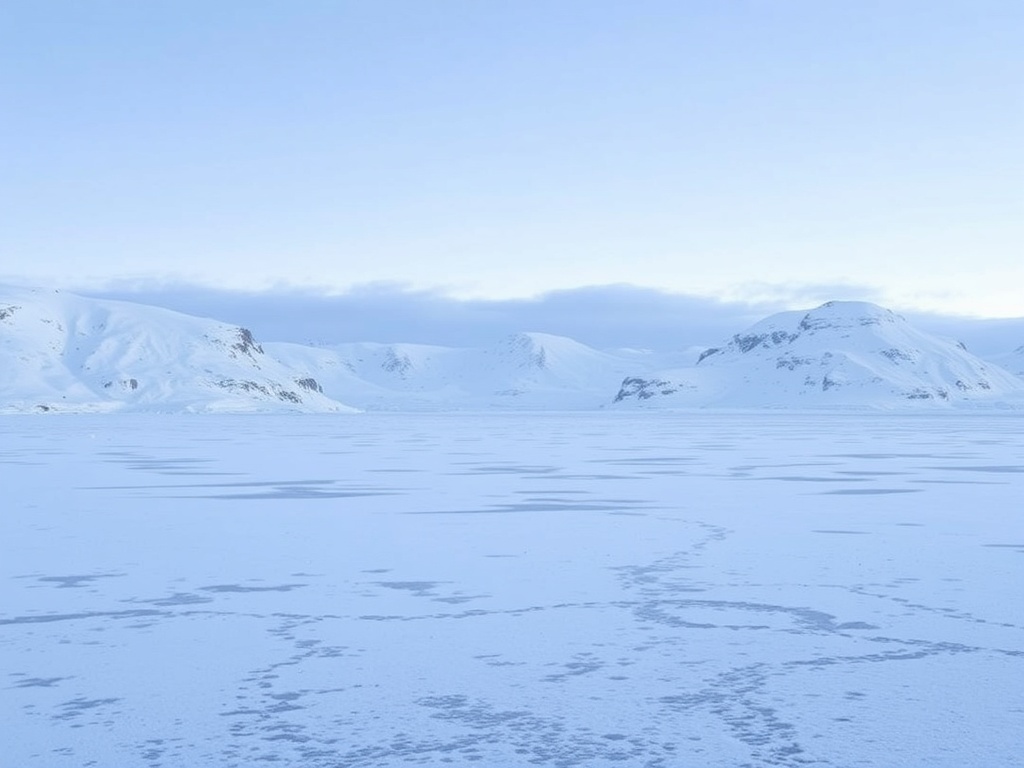 quiet Arctic landscape with snow-covered hills and frozen sea, minimalistic serene scene