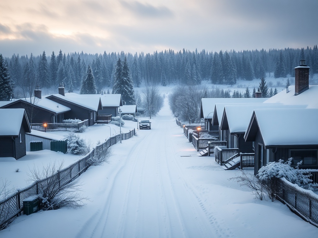 slow quiet Arctic morning with soft light over snow-covered homes, peaceful atmosphere