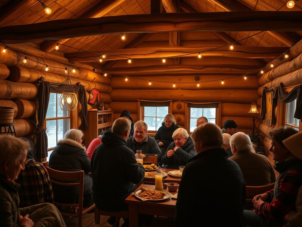 small northern community gathering indoors, warm lighting, people talking and sharing food