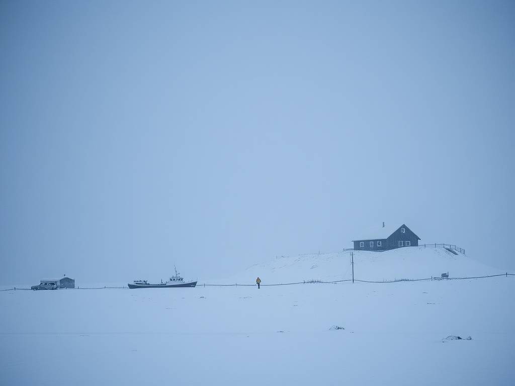 snowstorm hitting small Arctic settlement, strong winds and limited visibility, dramatic scene