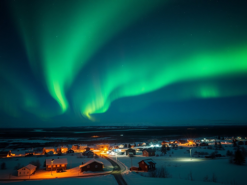 vivid aurora borealis over small Arctic town at night, glowing green lights in sky