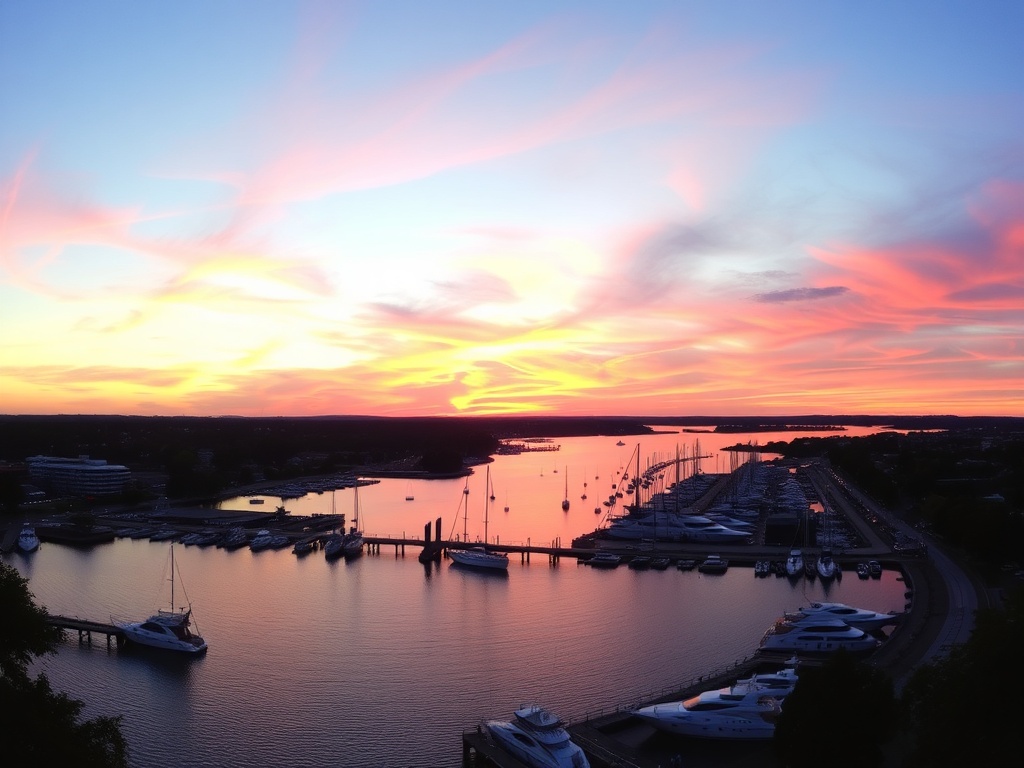 A beautiful, panoramic view of Oakville's waterfront during sunset with boats and vibrant colors in the sky.