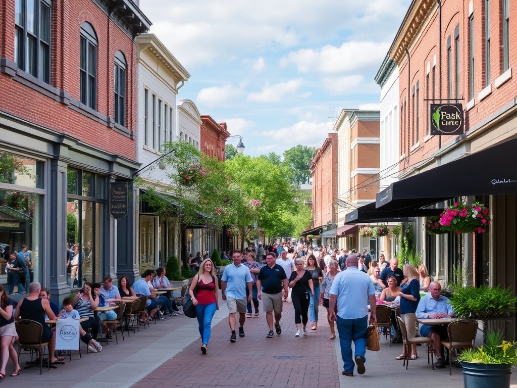 A bustling street in downtown Oakville with people shopping, dining at outdoor patios, and enjoying the vibrant atmosphere.