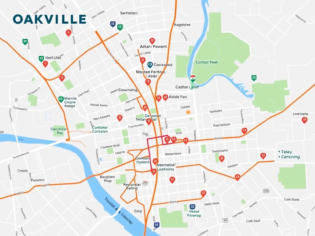 A map of Oakville with key landmarks highlighted, showcasing its well-connected streets and transportation options.