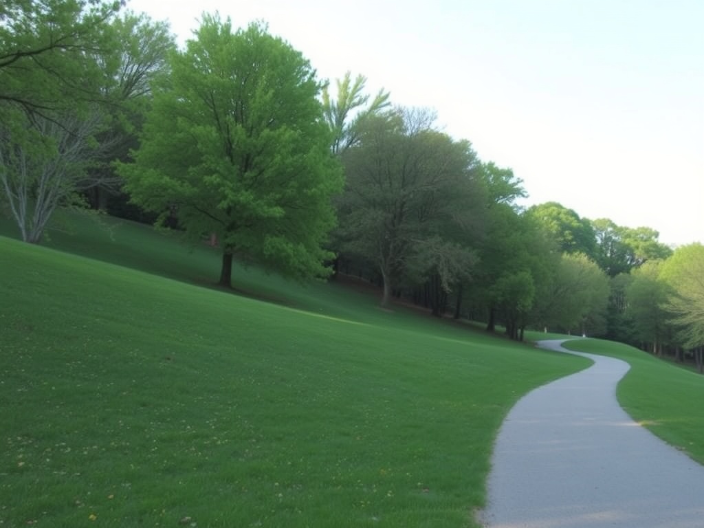 A tranquil park setting with green hills, trees, and a walking trail in Oakville's Bronte Creek Provincial Park.
