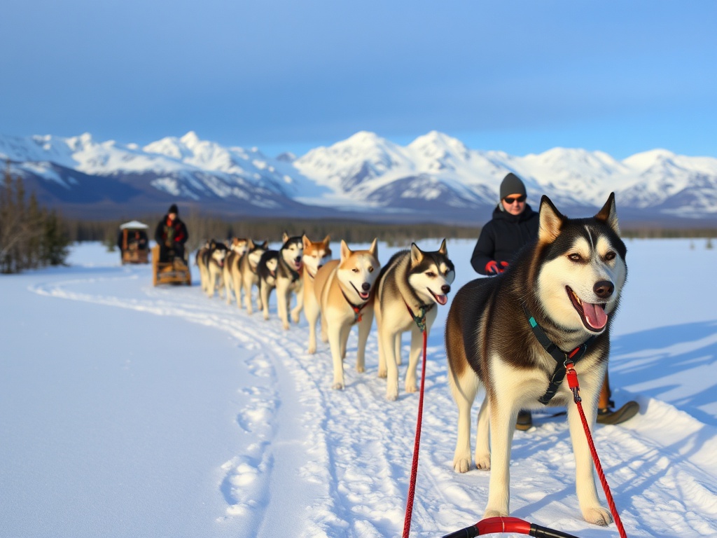 A pack of huskies pulling sleds across snowy terrain with glaciers in the background