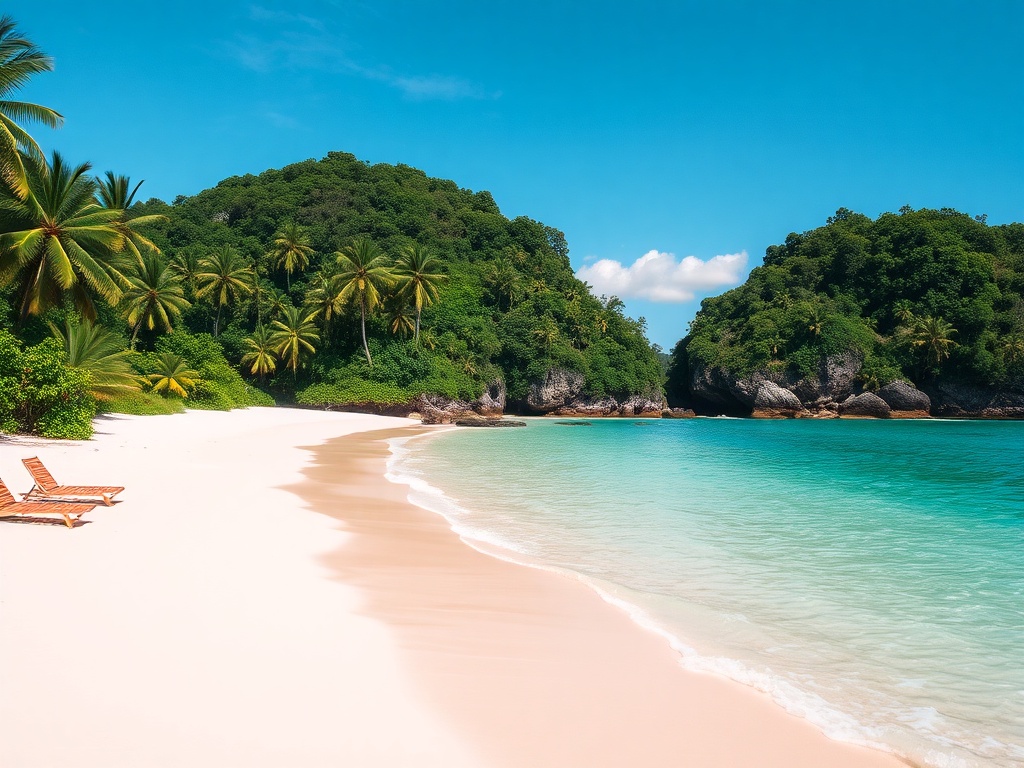 A secluded tropical beach surrounded by lush greenery and turquoise waters