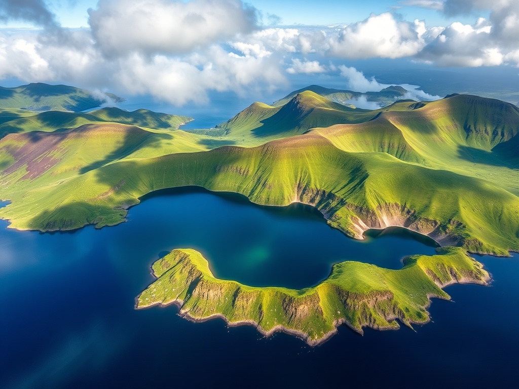 Aerial view of crater lakes and lush green hills in the Azores
